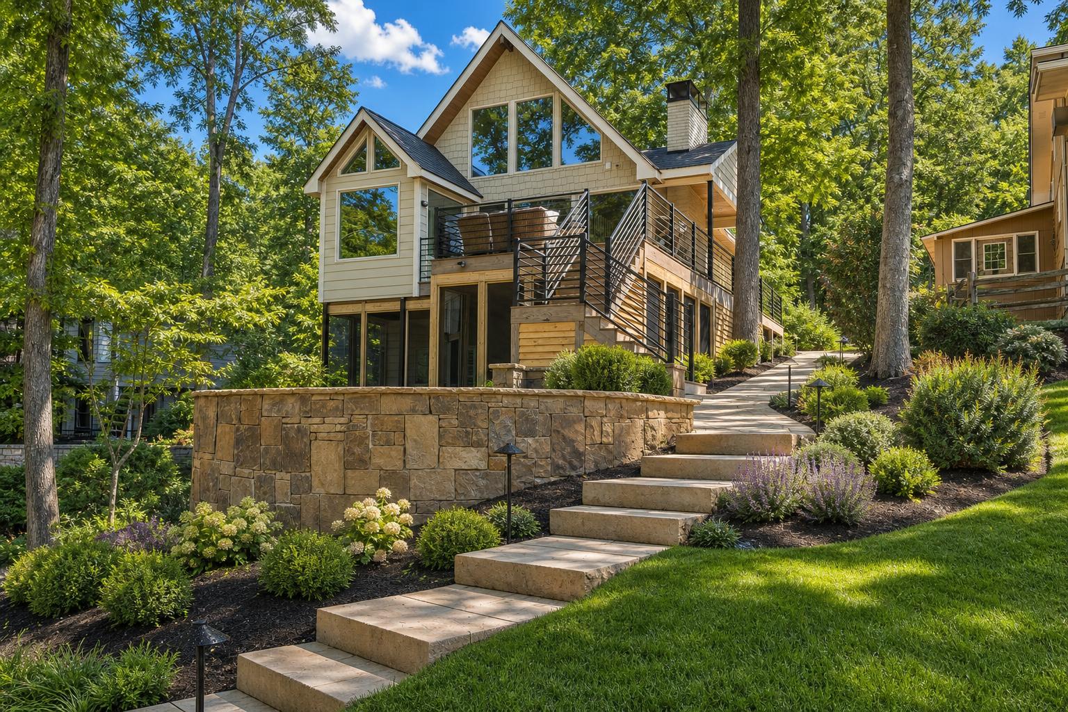 Elegant Gainesville home with a paver driveway and manicured landscaping by Reliant Services