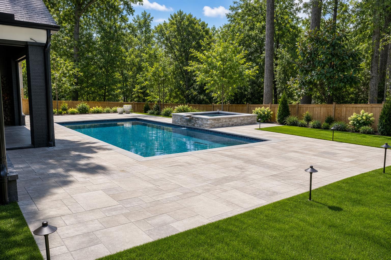 Modern swimming pool with a stone paver deck