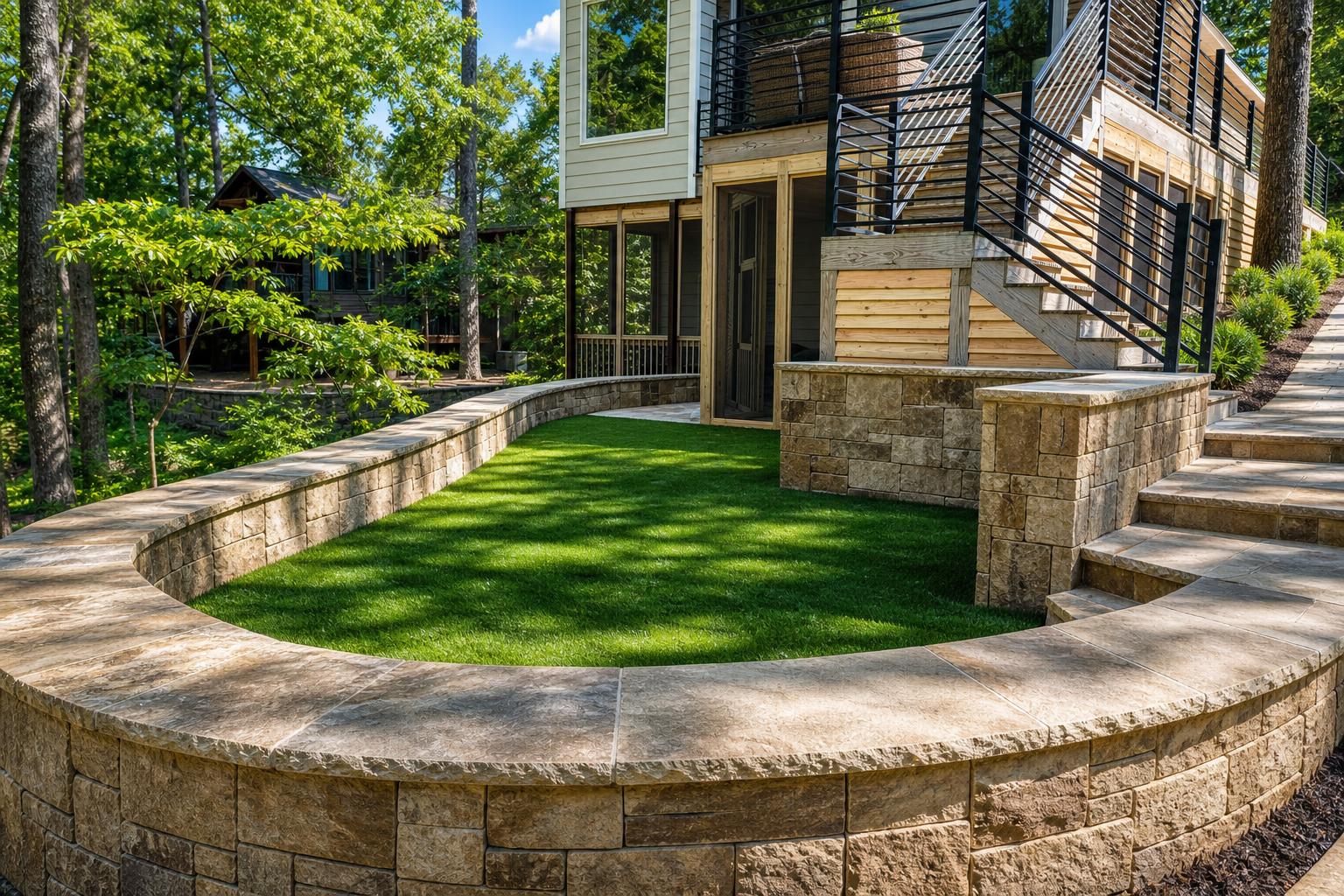 Terraced backyard with stacked-stone retaining walls
