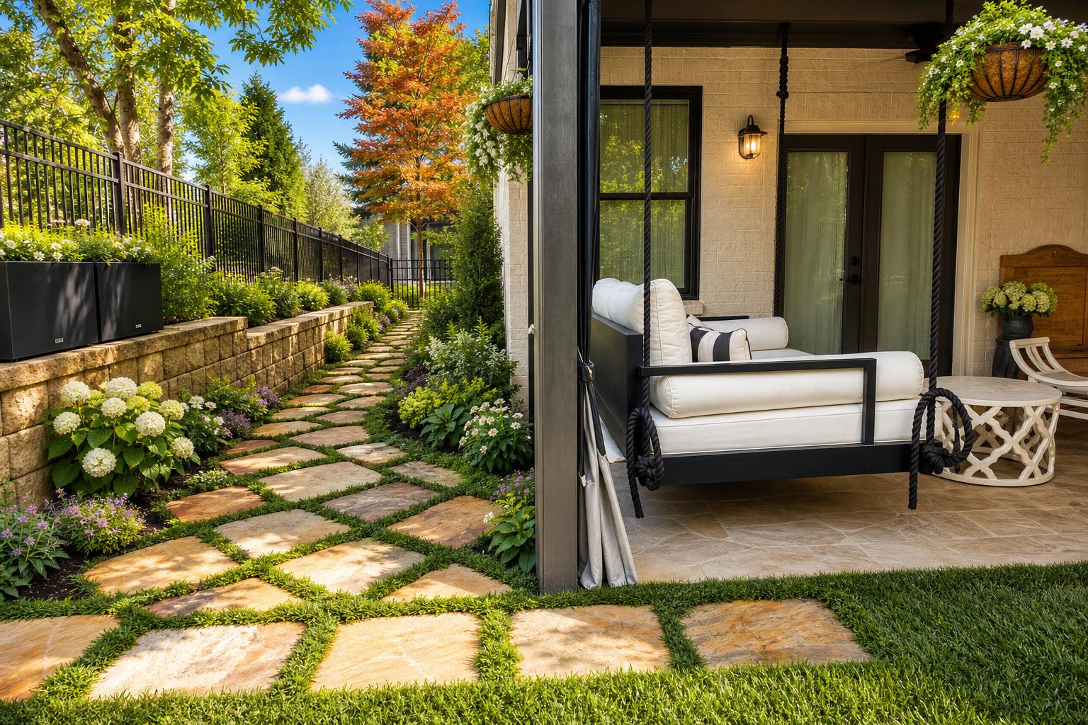 Stone walkway through a planted garden