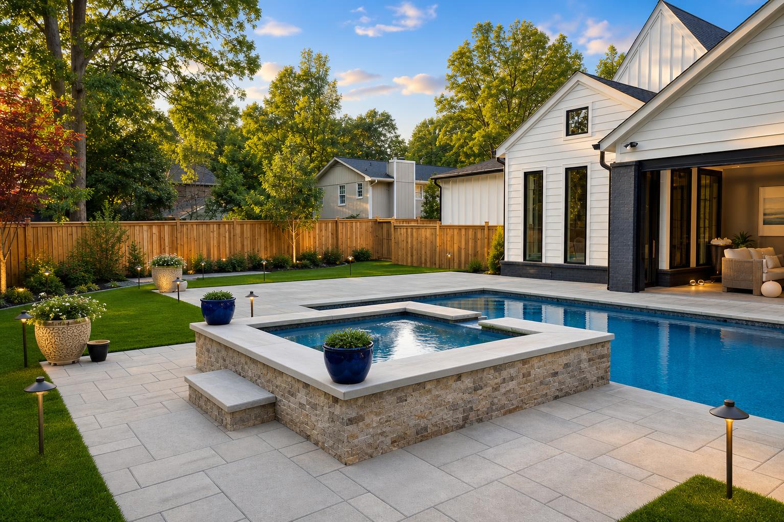 Luxury Gainesville backyard with a custom pool, stone paver patio, and landscape lighting designed by Reliant Services