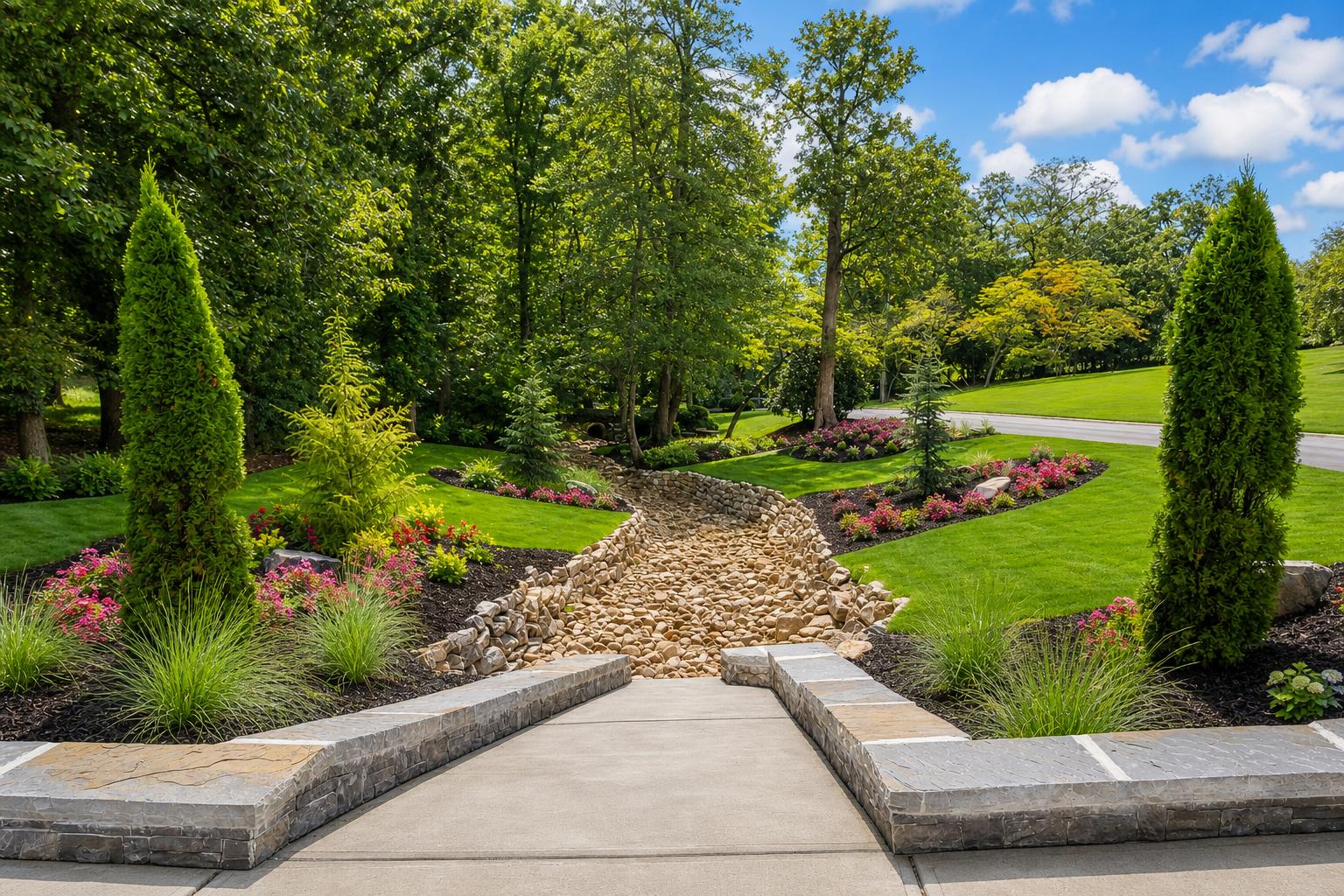 Custom landscape design with manicured lawn, shaped shrubs and flower beds