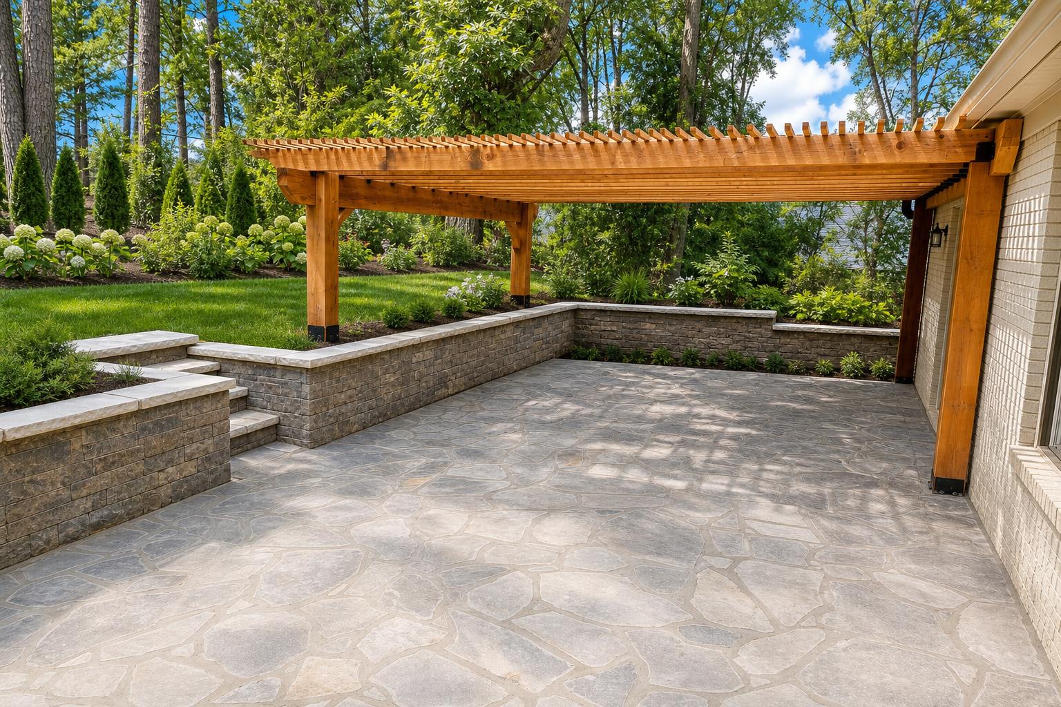 Custom paver patio with a wood pergola and natural stone hardscape