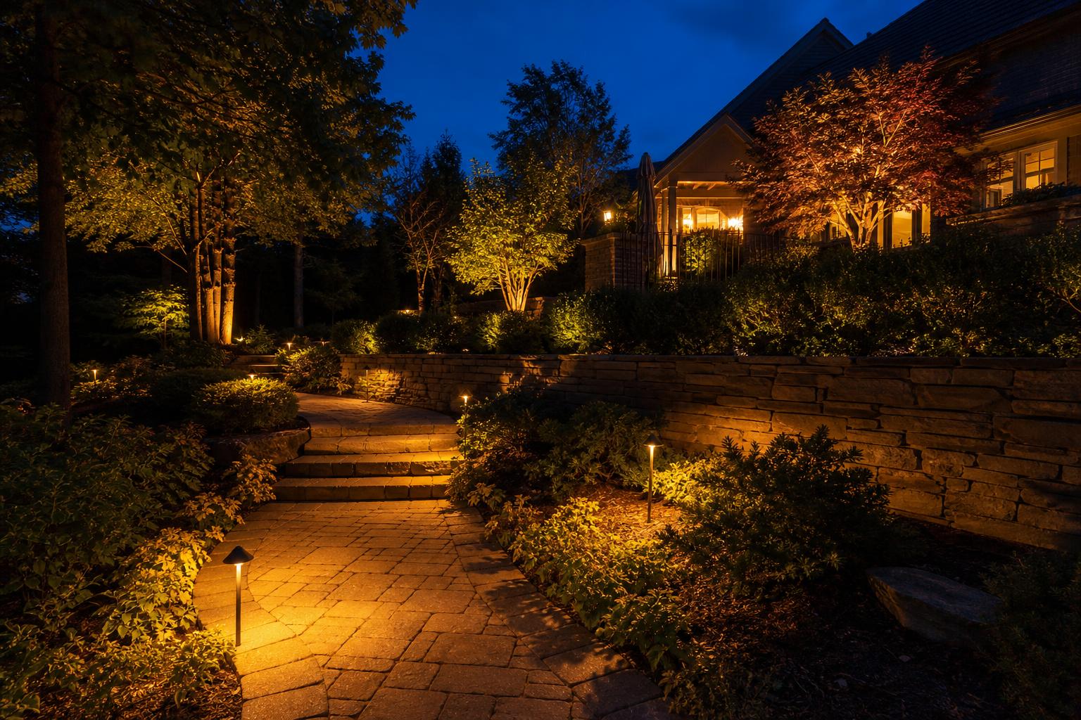 Warm landscape lighting illuminating stone steps, walls and plantings at dusk